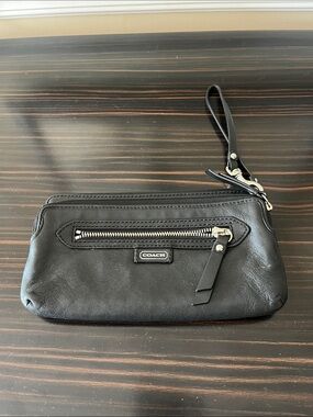 Coach Black Leather Zip Wristlet with Front Zip Pocket and Strap